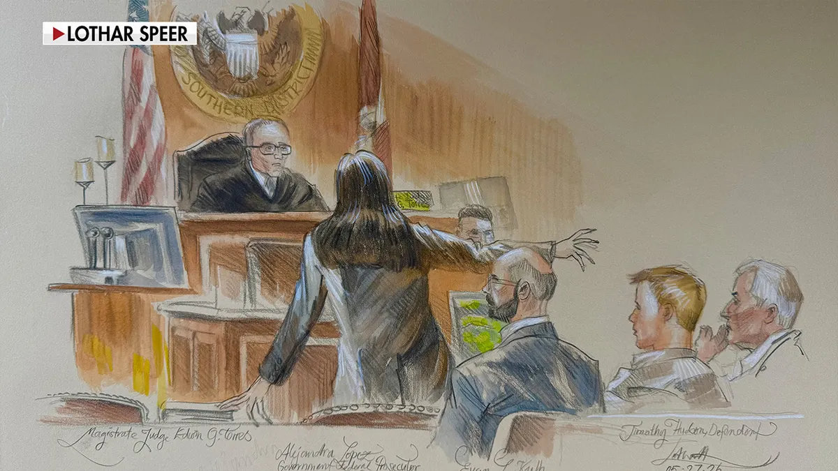 Timothy Hudson seated in a court sketch in Miami federal court