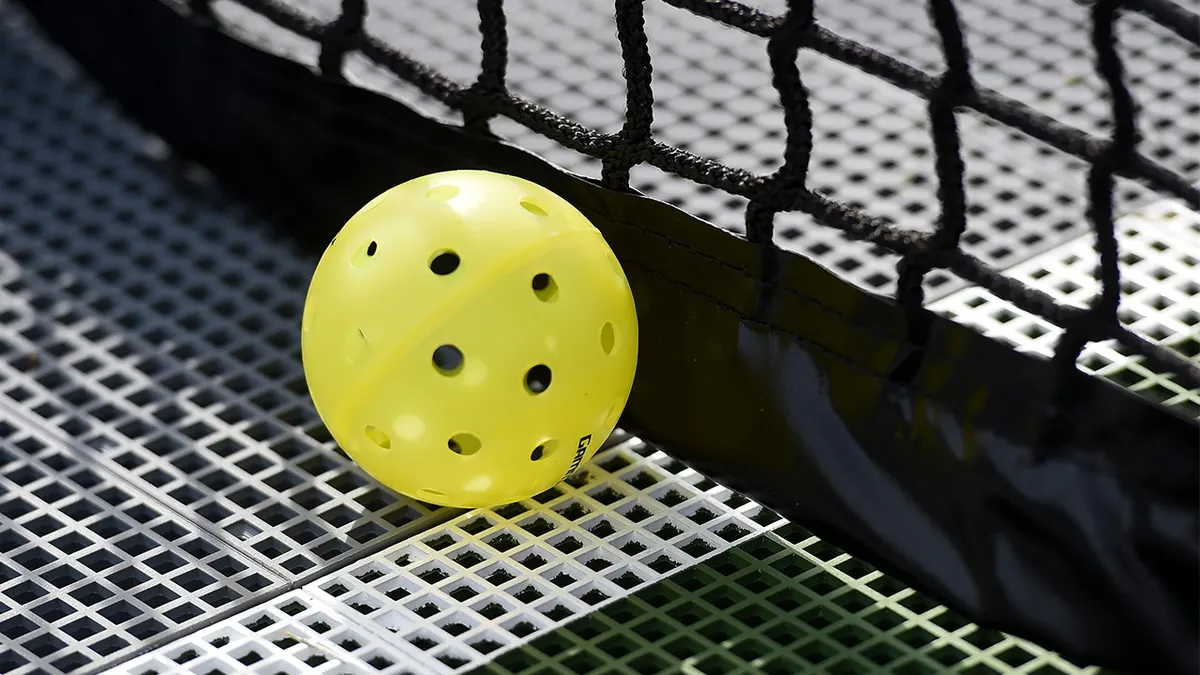 A pickleball resting on a court next to the net