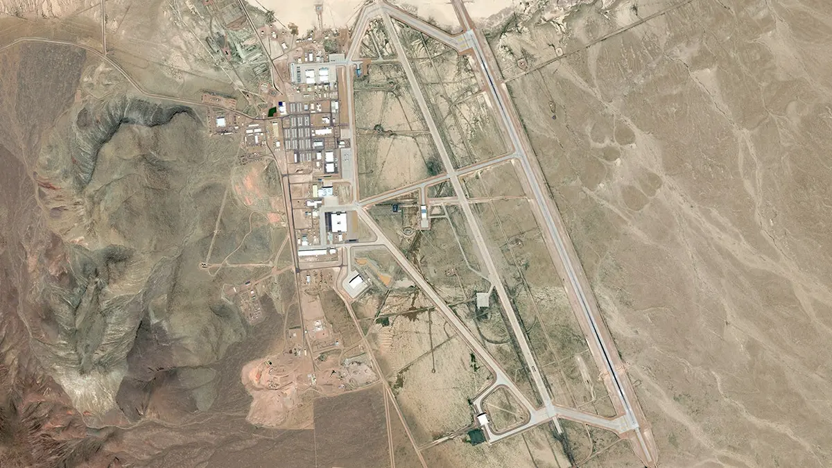 Satellite view of Area 51 showing airstrips and buildings.