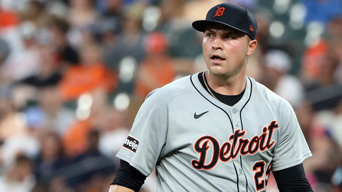 Detroit Tigers pitcher Tarik Skubal looking on during the seventh inning at Oriole Park at Camden Yards