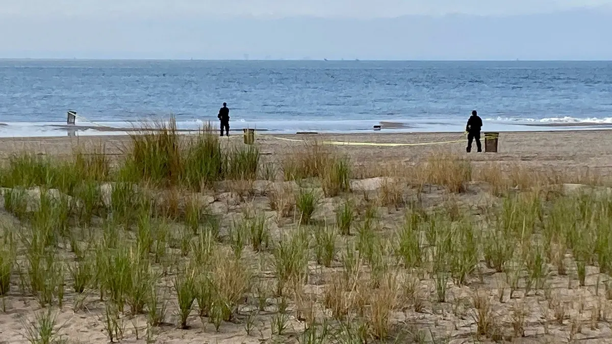 New York Police investigators examine a stretch of beach at Coney Island