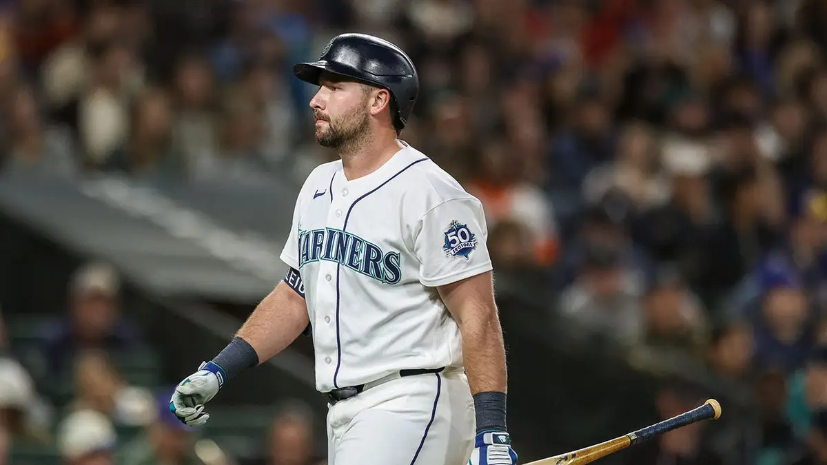 Cal Raleigh of the Seattle Mariners reacts after a strikeout at T-Mobile Park in Seattle