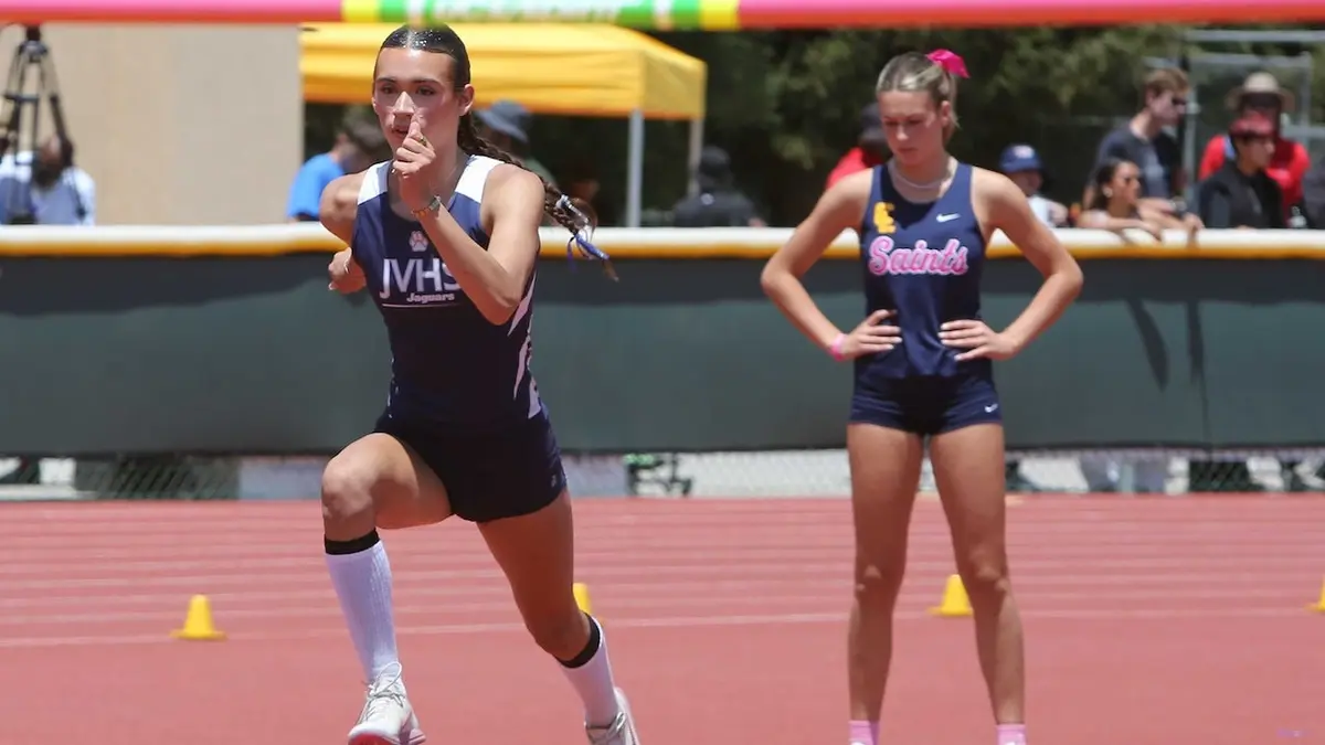 Trans athlete AB Hernandez competes ahead of female rival Reese Hogan at a California girls' track meet on Saturday, May 16, 2026 in Moorpark, California.