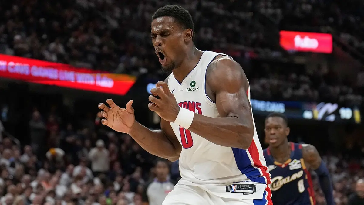 Detroit Pistons' Jalen Duren reacting after a pass goes out of bounds during a basketball game