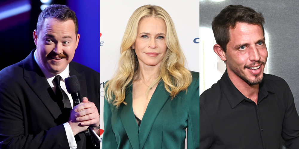 Foto de Chelsea Handler com dois comediantes, Shane Gillis e Tony Hinchcliffe