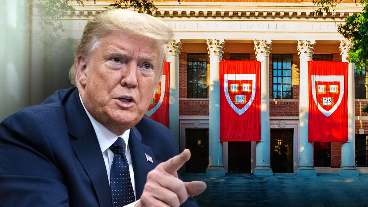 Donald Trump is seen with Harvard's library in the background
