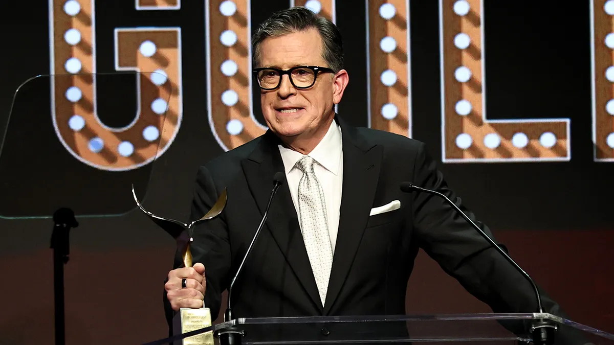 Stephen Colbert speaking at the 2026 Writers Guild Awards New York Ceremony