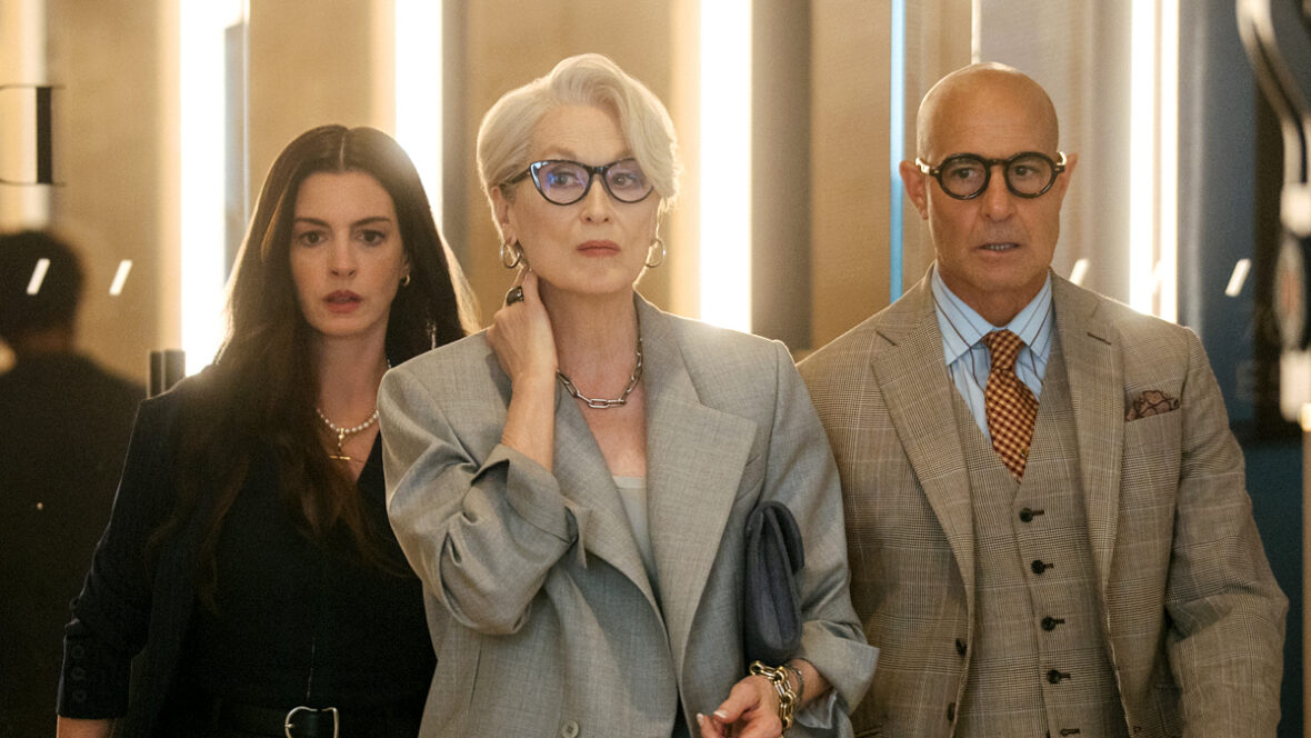 Anne Hathaway, Meryl Streep e Stanley Tucci em O Diabo Veste Prada 2