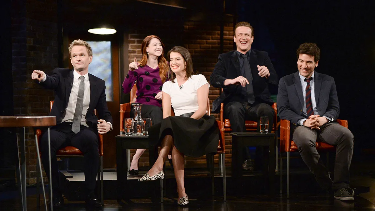 Actors Neil Patrick Harris, Alyson Hannigan, Cobie Smulders, Jason Segel, and Josh Radnor seated together