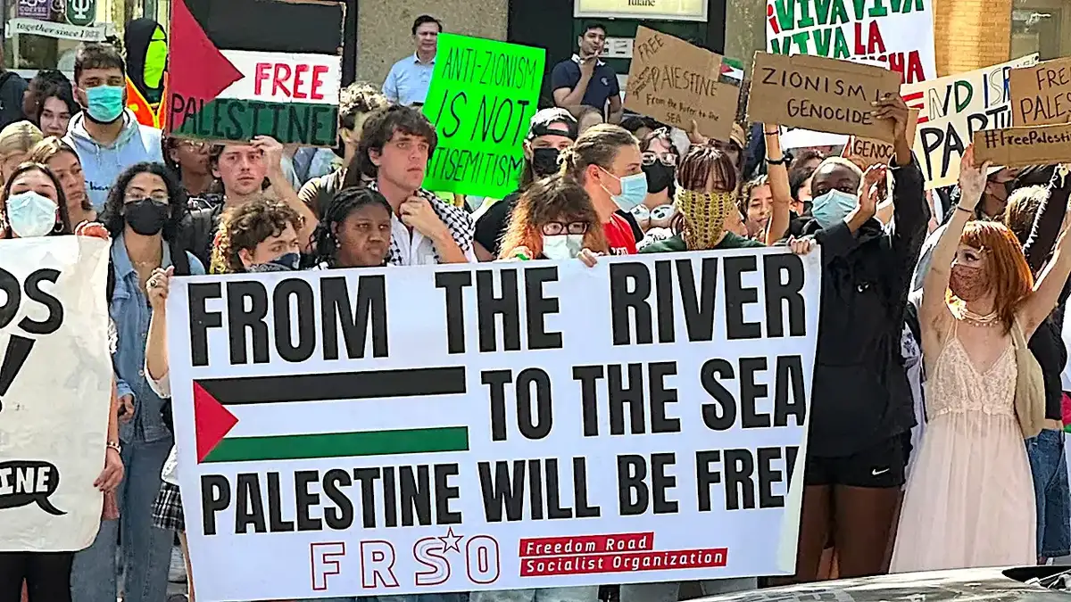 An anti-Israel sign reading from the river to the sea Palestine will be free at a protest near Tulane University in New Orleans
