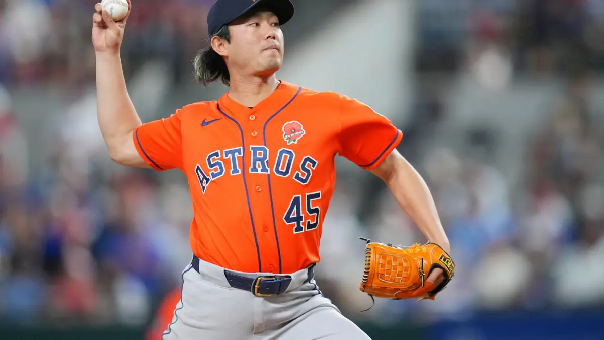 Houston Astros starting pitcher Tatsuya Imai throwing a pitch during a baseball game.