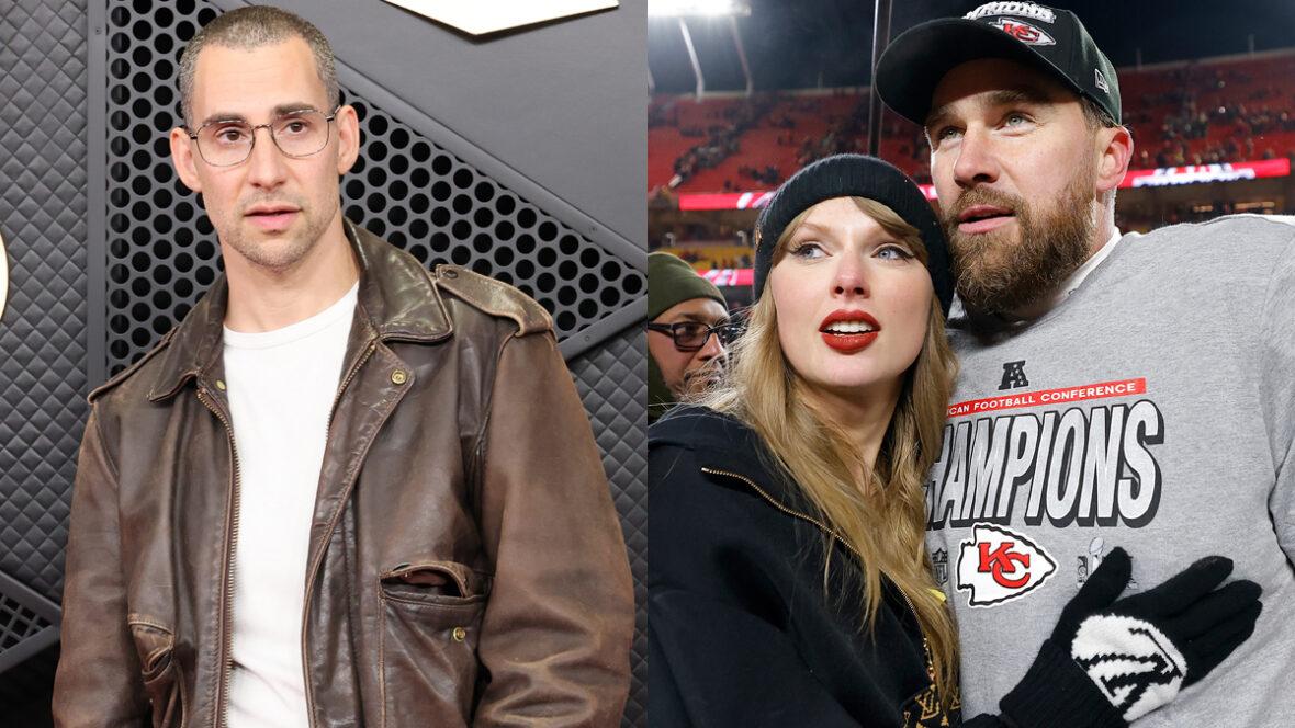 Jack Antonoff em evento de tapete vermelho / Taylor Swift e Travis Kelce em um jogo