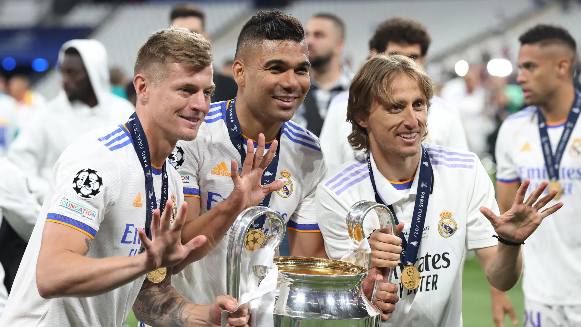 Toni Kroos, Casemiro e Luka Modric do Real Madrid.