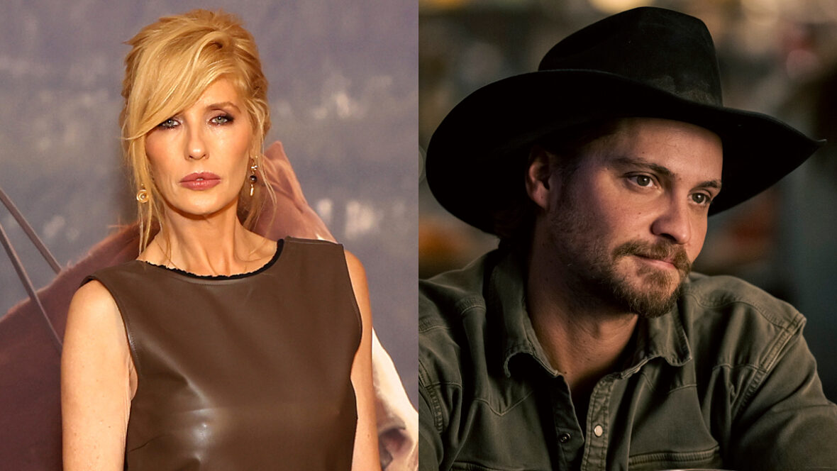 Gráfico de notícias de entretenimento lado a lado com Kelly Reilly em um evento de exibição de Dutton Ranch em Berlim à esquerda e uma imagem estática de Luke Grimes de Marshals à direita