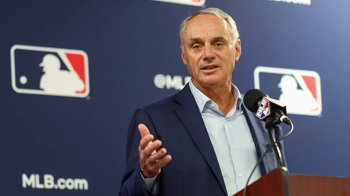 Commissioner Robert D. Manfred Jr. speaking at Grapefruit League Spring Training Media Day in Tampa, Florida
