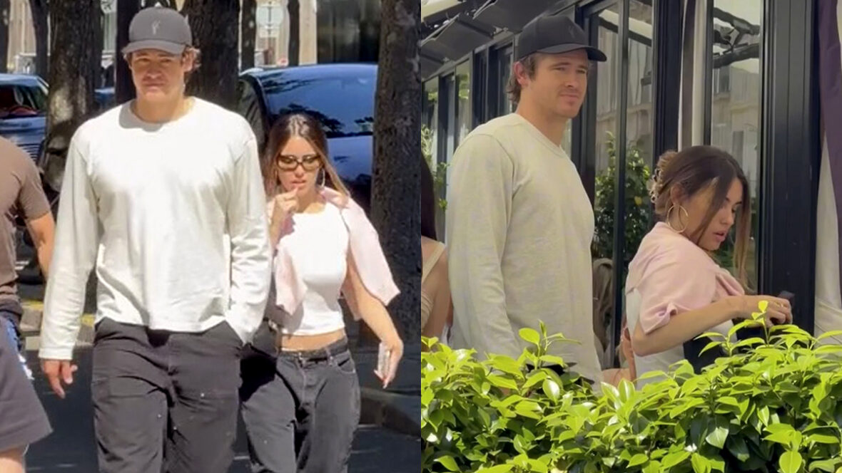 madison-cerveja-justin-herbert-paris Justin Herbert e Madison Beer caminham lado a lado ao ar livre / Justin Herbert segue atrás de Madison Beer dentro de casa
