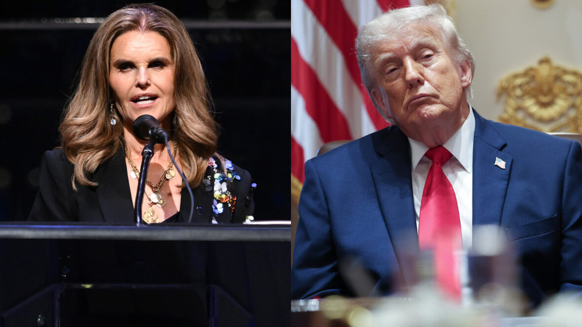 Maria Shriver fala no palco / Donald Trump no gabinete