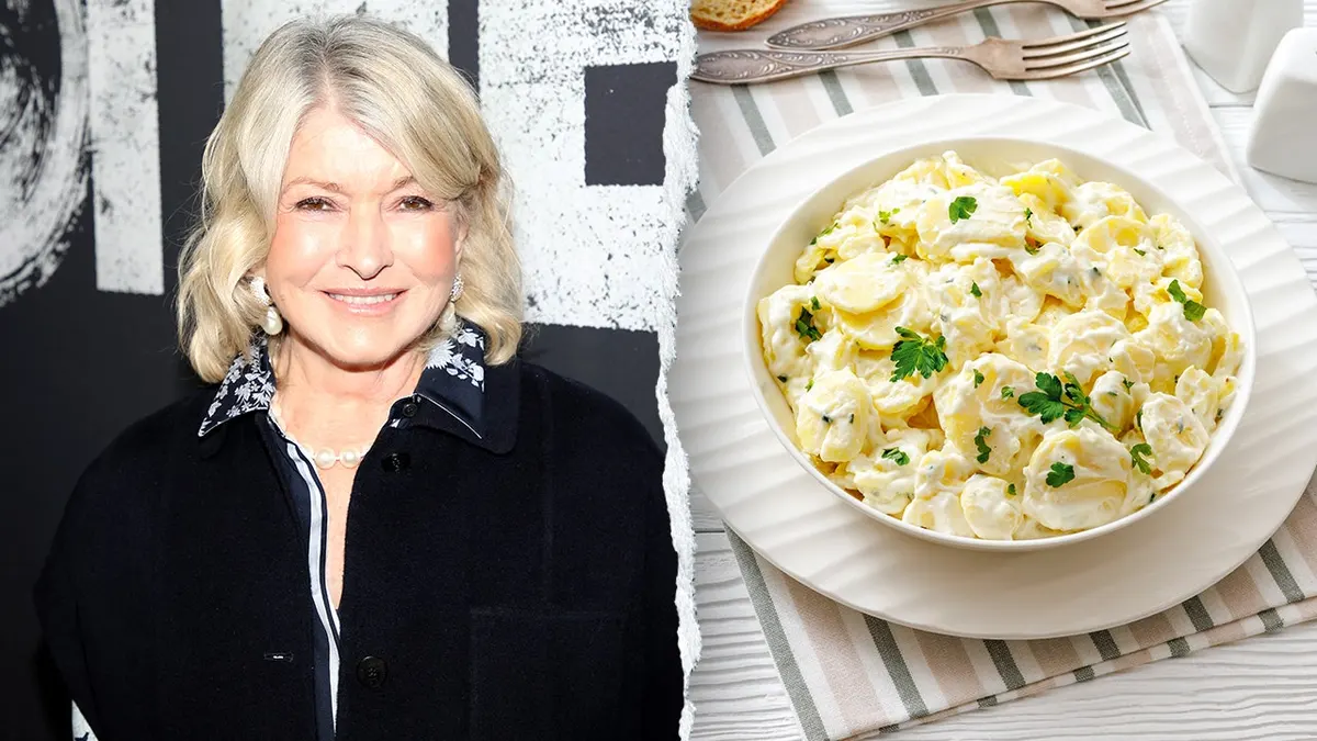 Split image of Martha Stewart, potato salad stock photo