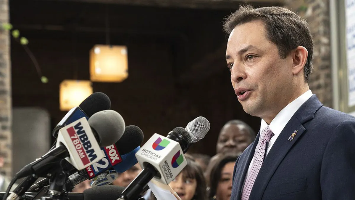 Democratic Chicago Alderman Raymond Lopez speaking during an interview.