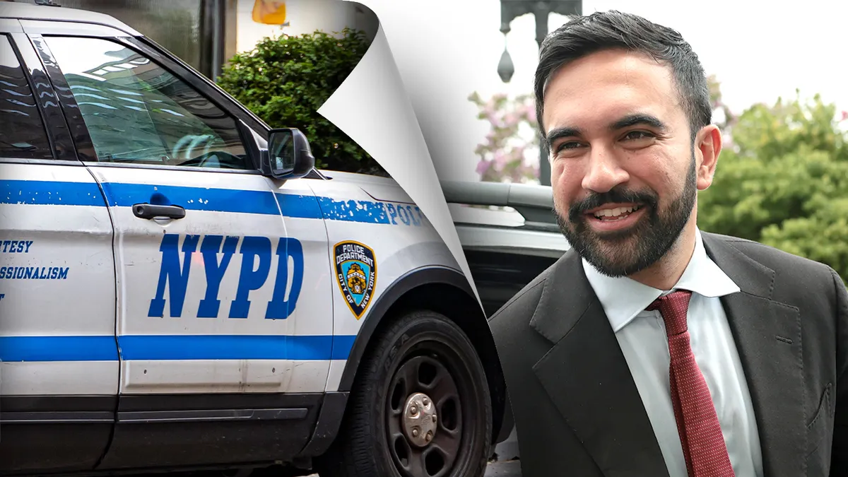 Zohran Mamdani standing next to an image of a NYPD police car