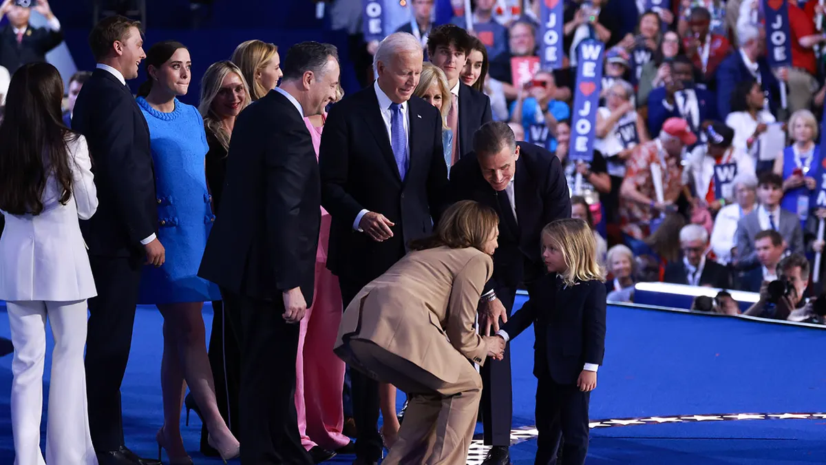 Vice President Kamala Harris greeting Beau Biden Jr. at the Democratic National Convention in Chicago