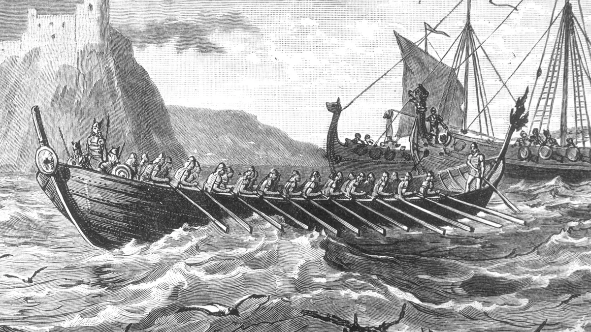 Depiction of Viking leader Ivar the Boneless leading raiders invading England.