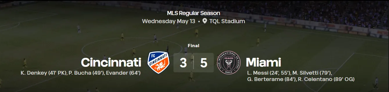 Pontuação do FC Cincinnati-Inter Miami no site oficial da MLS.