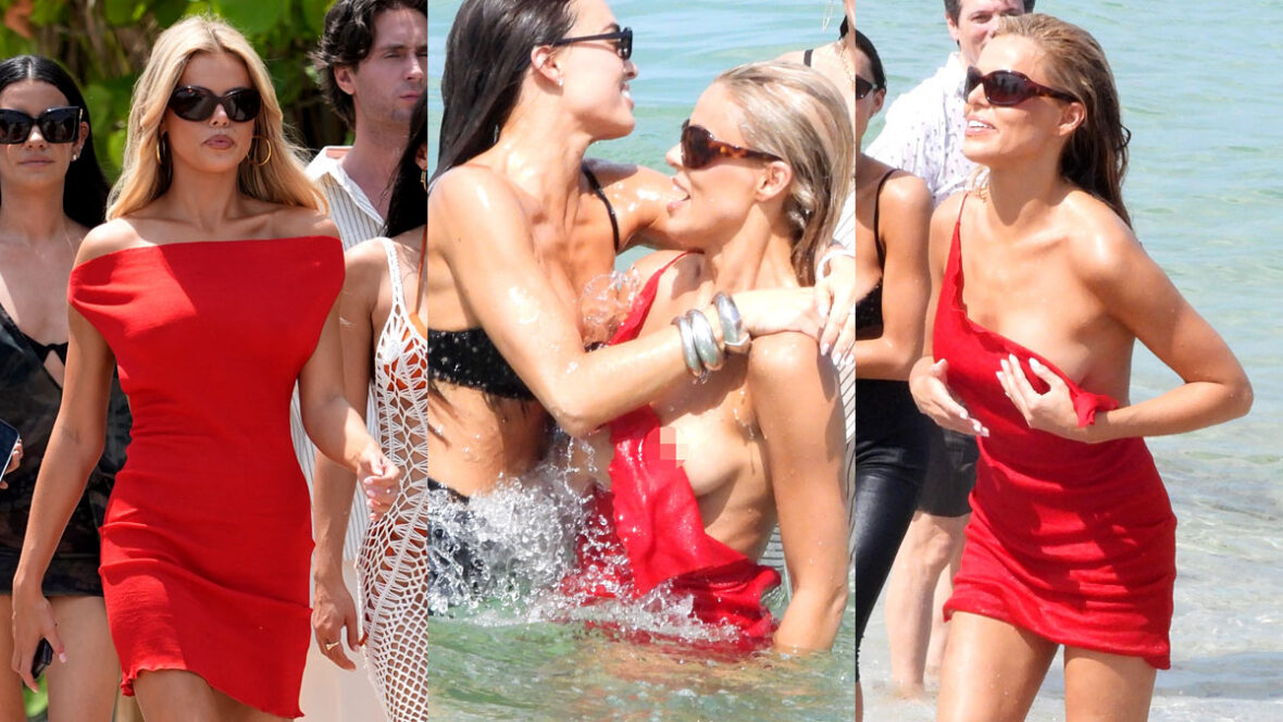brooks-nader-vestido-vermelho-desmorona Brooks Nader no oceano em Miami