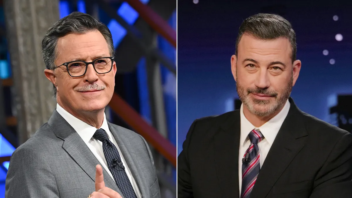 Stephen Colbert and Jimmy Kimmel in a split-screen view.
