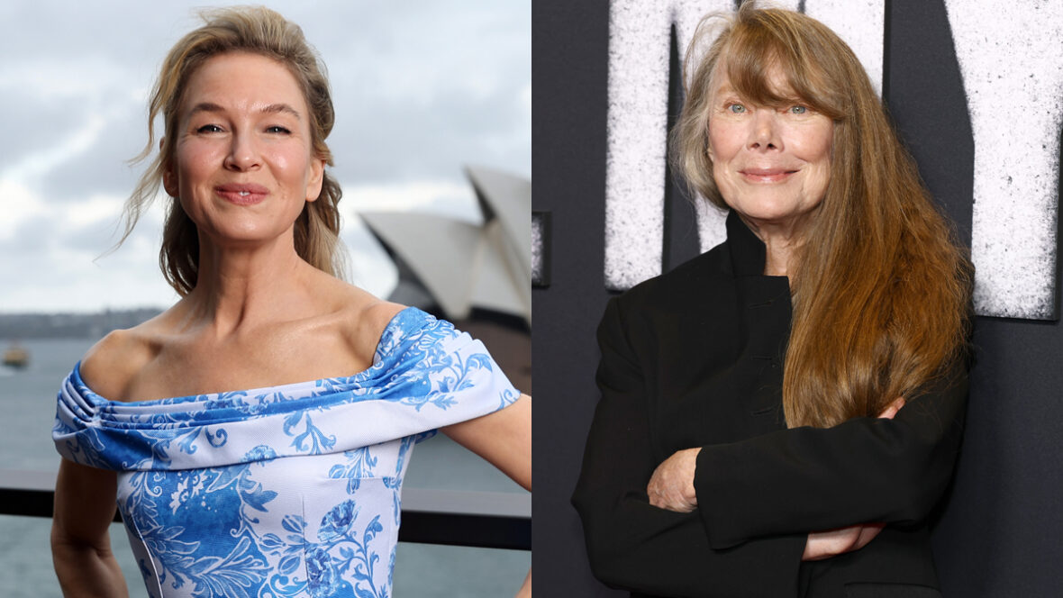 Foto de entretenimento lado a lado com Renée Zellweger em um vestido azul com ombros à esquerda e Sissy Spacek em uma roupa preta à direita