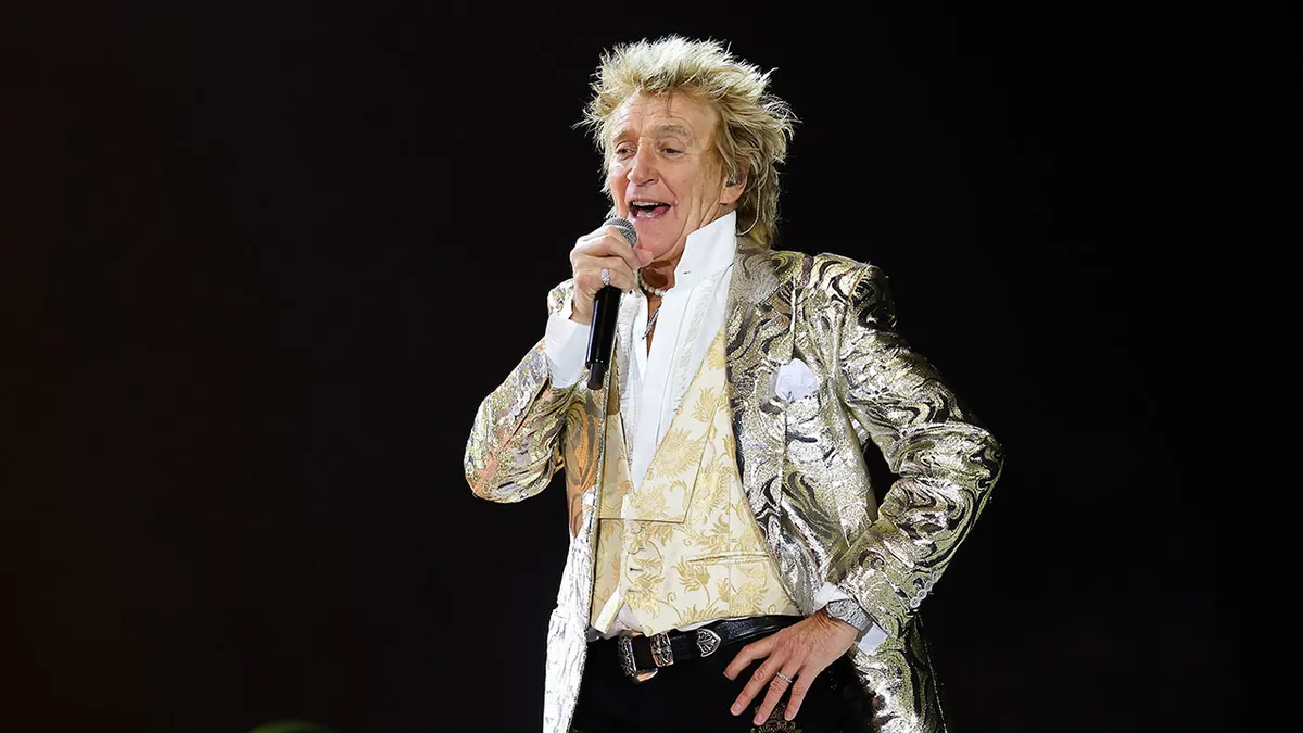 Rod Stewart performing on stage at Tele2 Arena in Stockholm