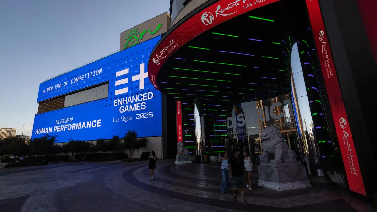 Large screens displaying advertisement for the Enhanced Games in Las Vegas