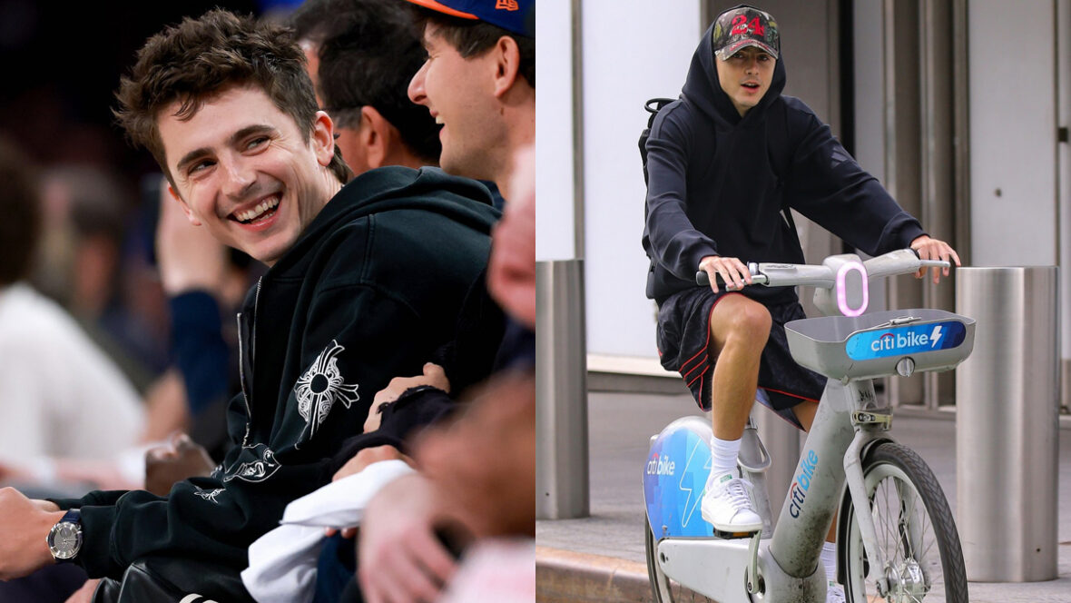 Timothee Chalamet na quadra no jogo dos Knicks / Timothee Chalamet andando de Citi Bike