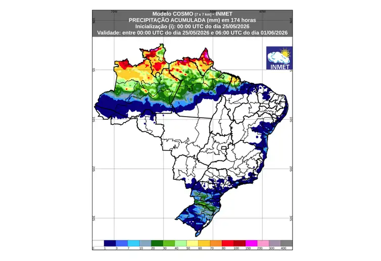 25/05/2026 - INMET divulga previsão para semana de 25 de maio a 01 de junho de 2026. Foto: Arte/ INMET