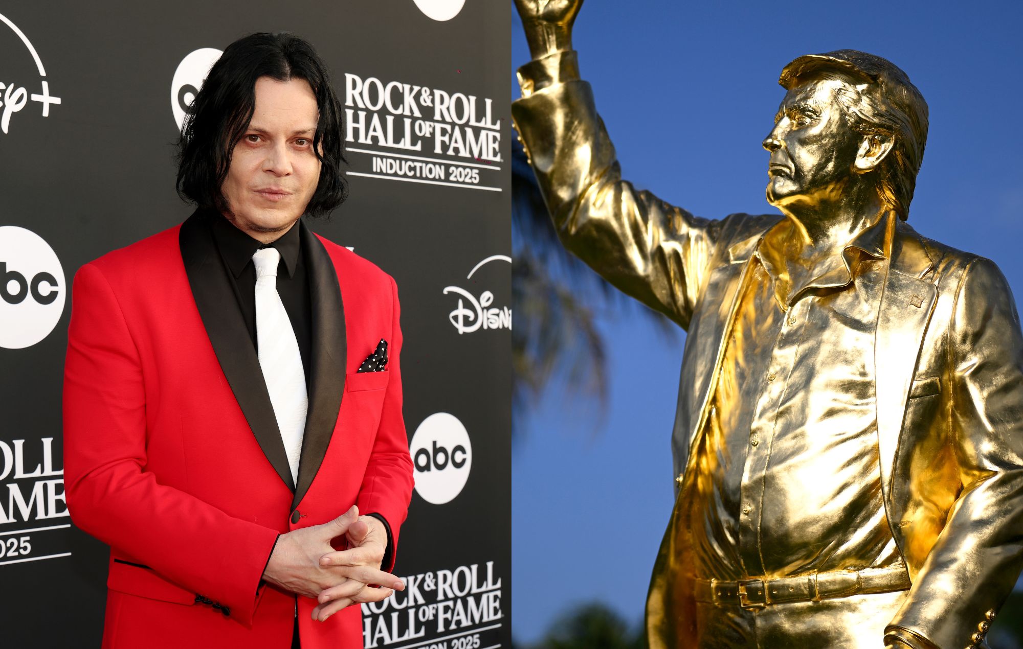 Jack White and the new statue of President Donald Trump in Florida. CREDIT: Kevin Mazur and Orlando Ramirez/Getty Images