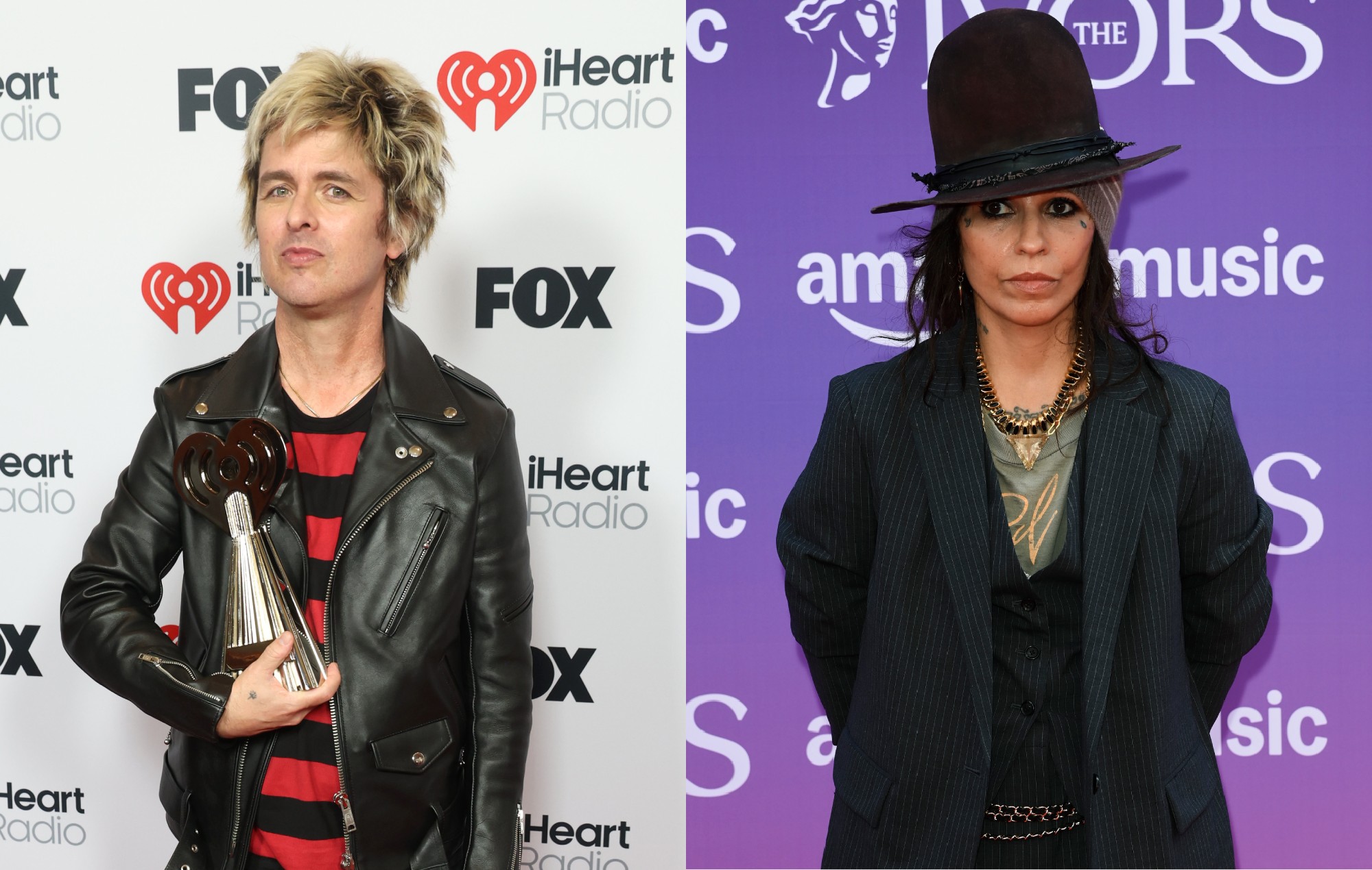 Billie Joe Armstrong of Green Day and Linda Perry. CREDIT: Phillip Faraone/Getty Images for iHeartRadio, Alan Chapman/Dave Benett/Getty Images for The Ivors