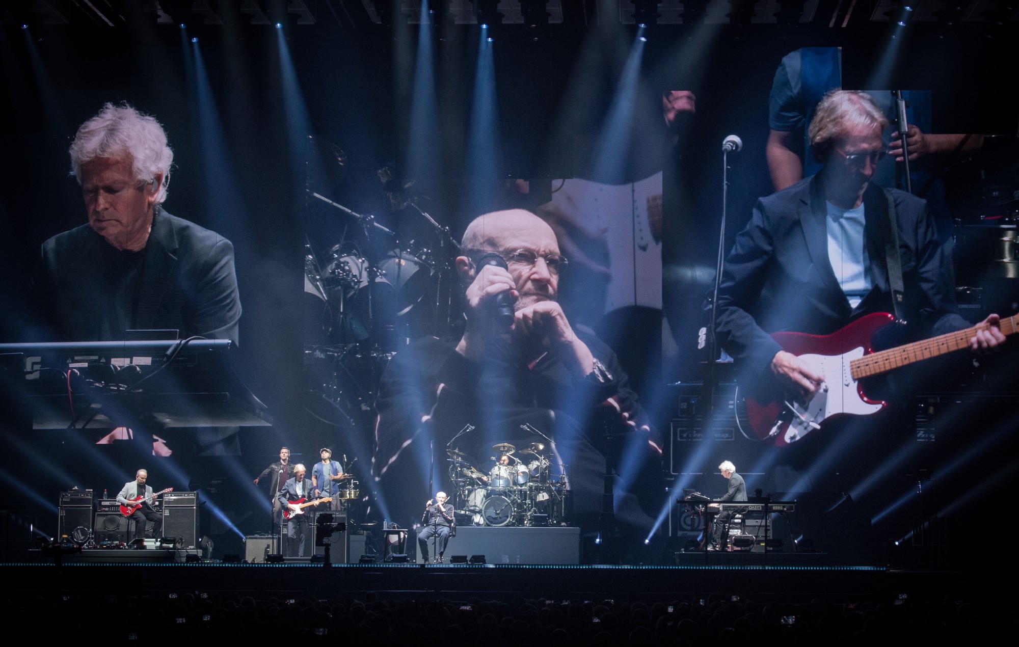 Phil Collins, Tony Banks, Mike Rutherford, Daryl Stuermer, and Nicholas Collins from Genesis perform at U Arena on March 17, 2022 in Nanterre, France. CREDIT: David Wolff-Patrick/Redferns