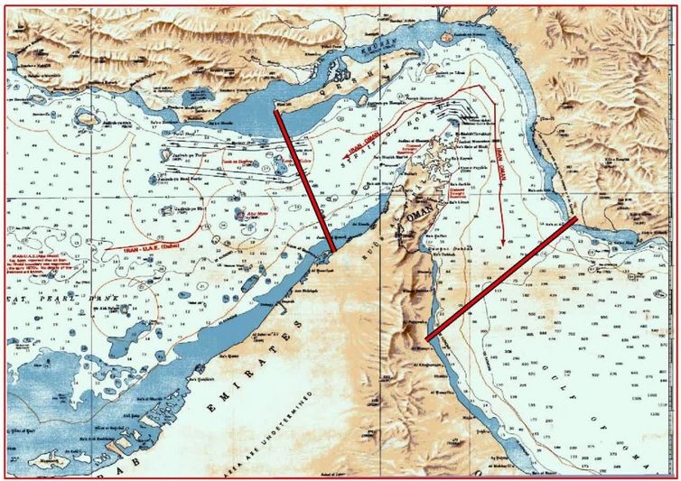O novo Estreito de Ormuz controlado pelas Forças Armadas da República Islâmica do Irã.  Ao sul, uma linha entre o Monte Mubarak, no Irã, e o sul de Fujairah, nos Emirados Árabes Unidos. A oeste, uma linha entre a ponta da Ilha de Qeshm, no Irã, e Umm Al Quwain, nos Emirados Árabes Unidos. Foto: Tasnim News Agency/Divulgação