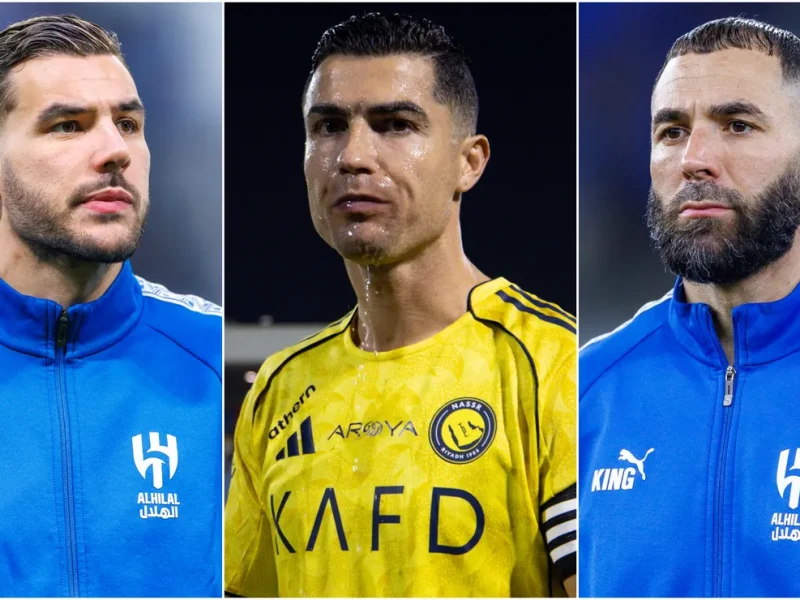 Cristiano Ronaldo fica nervoso quando o companheiro de equipe de Karim Benzema no Al-Hilal, Theo Hernandez, surge antes da decisão do título da Saudi Pro League