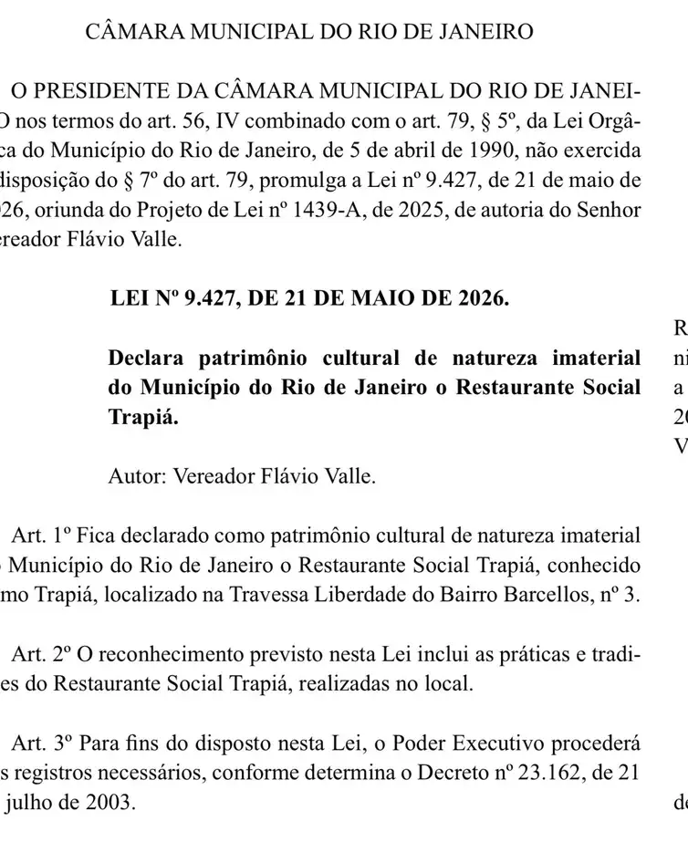 Trapiá/Divulgação Rio de Janeiro (RJ), 22/05/2026 - FOTO DE ARQUIVO - O restaurante Trapiá é declarado patrimônio imaterial do Rio de Janeiro. Foto: Tânia Rêgo/Agência Brasil
