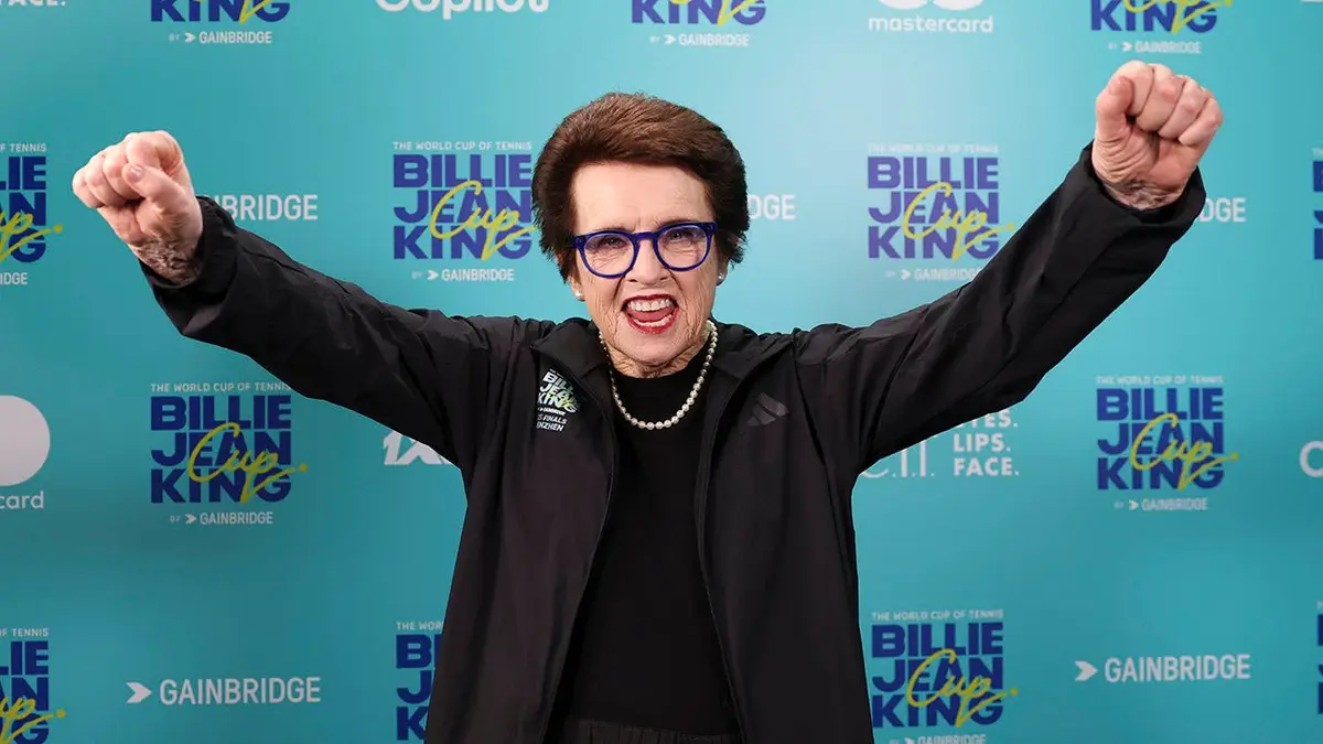 Billie Jean King posing for a portrait indoors at Shenzhen Bay Sports Centre Arena
