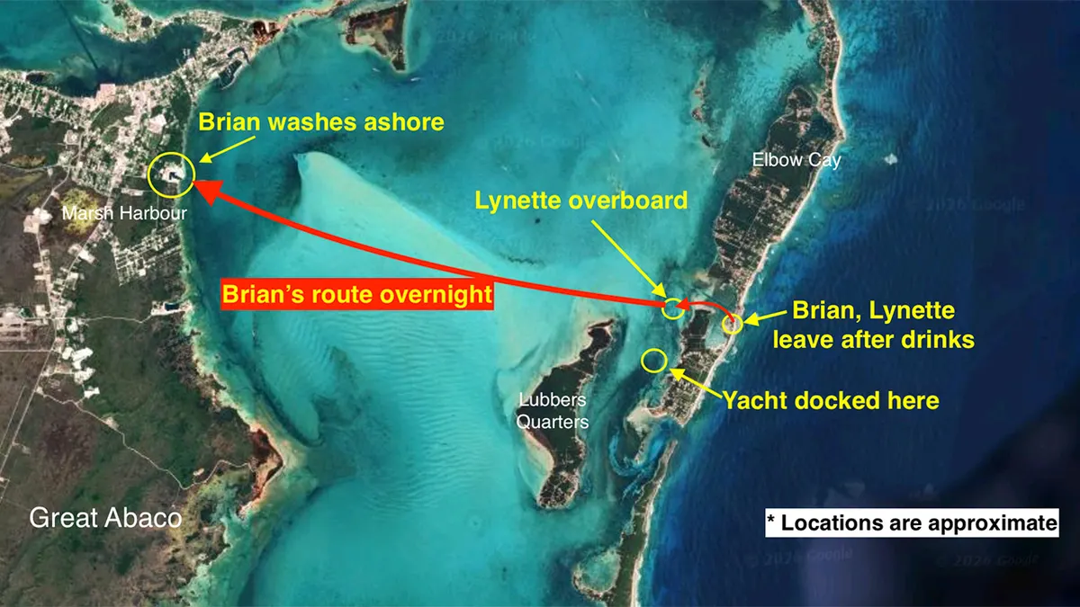 Map shows route of Brian Hooker's dinghy after wife went missing