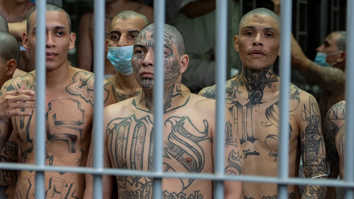 Prisoners with MS-13 gang tattoos looking out of their cell in Tecoluca prison