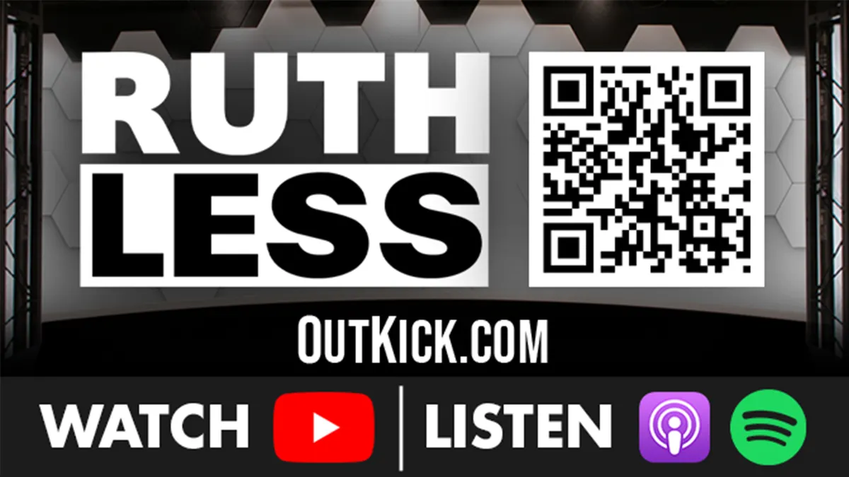 Ruthless podcast logo with QR code for access