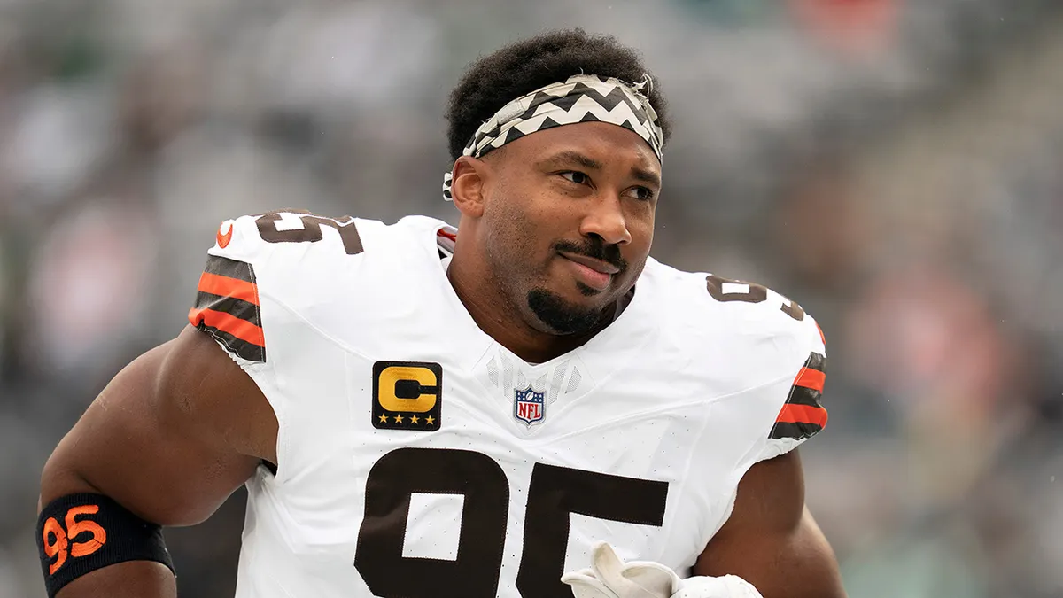 Myles Garrett warming up on the field at MetLife Stadium
