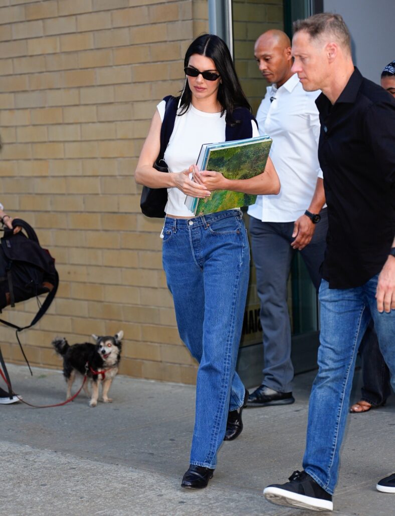 Kendall Jenner de top branco e calça jeans