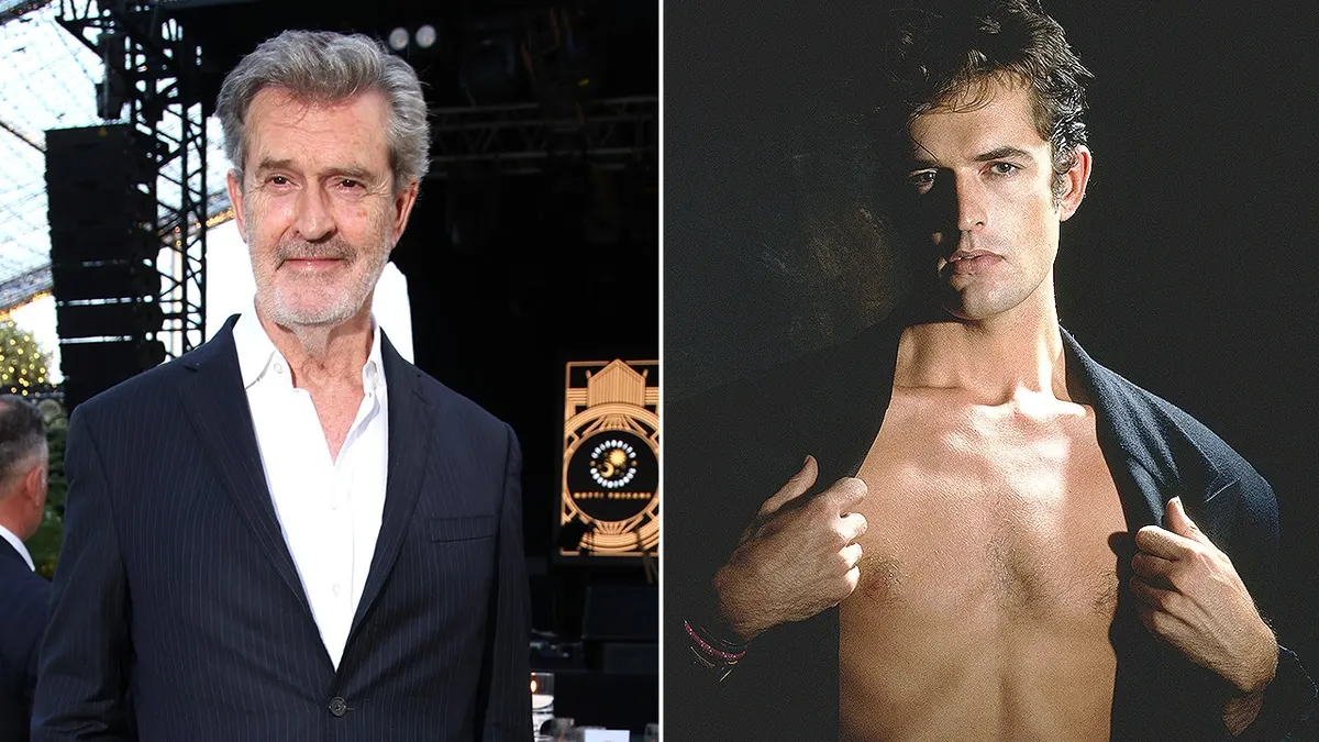 Split photo of Rupert Everett posing at an event venue in Forte dei Marmi, Italy; posing for photographers.