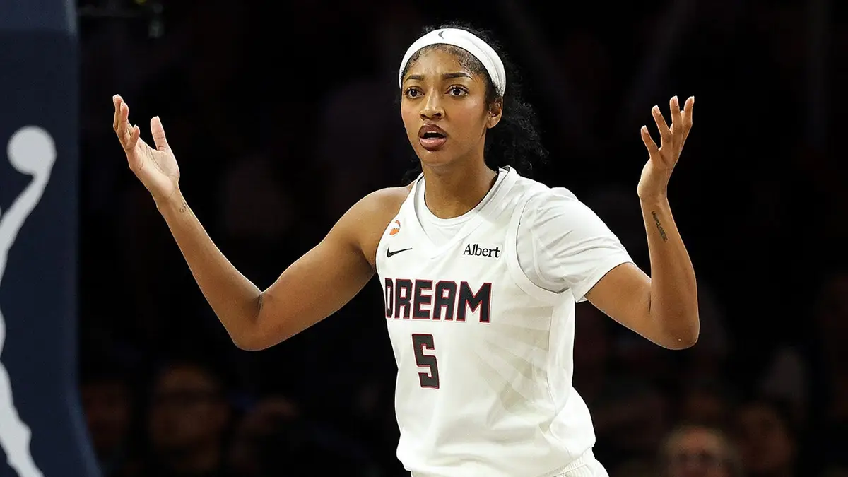 Angel Reese of the Atlanta Dream reacts during a basketball game at Target Center in Minneapolis
