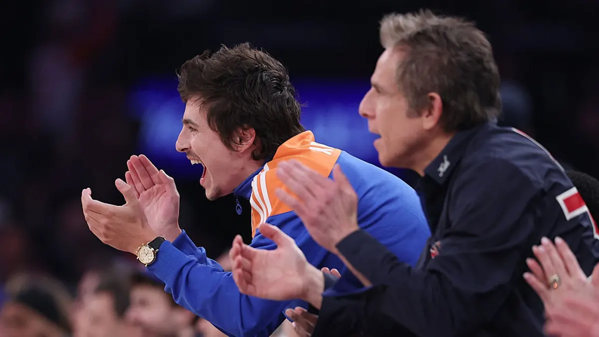 Actor Timothée Chalamet and actor Ben Stiller attending NBA playoffs game at Madison Square Garden