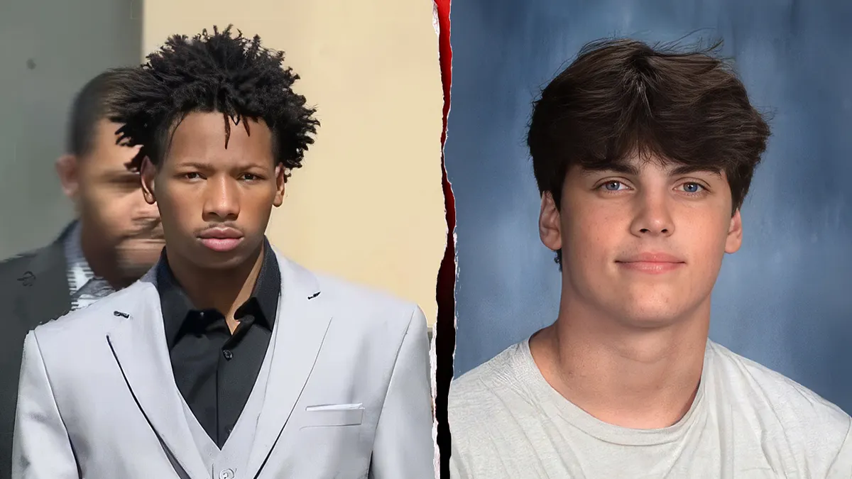 Karmelo Anthony in gray suit and Austin Metcalf in white t-shirt in school photos